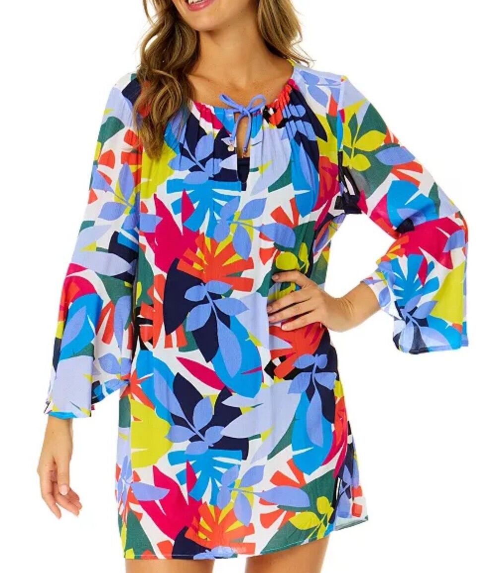 Anne Cole Floral Bell Sleeve Cover Up Tunic Dress Sz Medium New